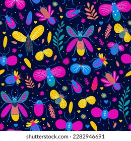 Colorful bug beetle moth and butterfly vector seamless pattern. Floral flower garden kids baby nature art