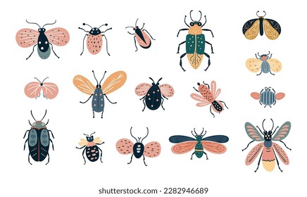 Colorful bug beetle moth fly butterfly, insect doodle set vector baby kids collection