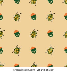 Colorful Bug and Flower Seamless Pattern Vector Illustration. Ideal for nature or summer projects and textiles.