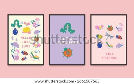 Colorful Bug Friends Cute Insect Illustrations Poster for Kids. A playful and vibrant set of children's poster. Perfect for nursery decor, educational materials, greeting cards, or kids' product.