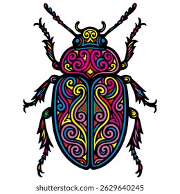 A colorful bug with a swirl pattern on its back. The bug is drawn in a very detailed and colorful way, with each section of its body having a different color. Scene is cheerful and lively