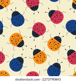 Colorful bugs hand drawn vector illustration. Cute insect ladybug in flat style seamless pattern for kids fabric or wallpaper.