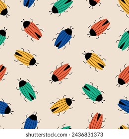 Colorful bugs hand drawn vector illustration. Cute beetle insect in flat style seamless pattern for kids fabric or wallpaper.