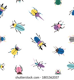 Los bichos coloridos son un patrón impecable. Caricatura lindos insectos del conjunto de iconos botánicos, escarabajos ilustradores vectoriales de la ciencia de la entomología aislados en fondo blanco