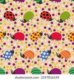 Colorful bugs seamless pattern with funny dots. on Childish design with cute hand drawn insects. Simple flat cartoon style vector illustration for wrapping paper, nursery decoration 