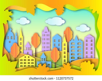 Colorful building of big city. Vector illustration. Paper art style