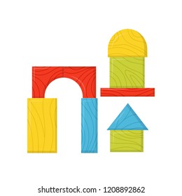 Colorful building blocks of different shapes. Wooden constructor for children games. Construction toy. Flat vector design