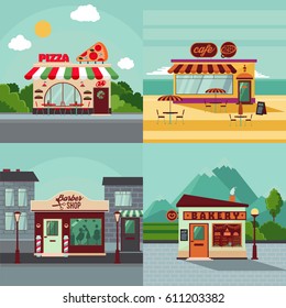 Colorful building facades square concept with italian restaurant cafe barber shop and bakery vector illustration