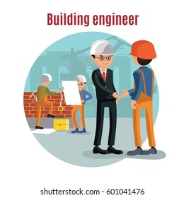 Colorful building people template with engineer and contractor shaking hands and construction workers learning architectural project vector illustration