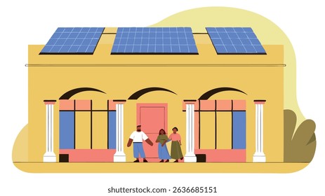 Colorful building with solar panels on the roof, featuring two individuals interacting outside, showcasing sustainable architecture and community engagement in a vibrant setting
