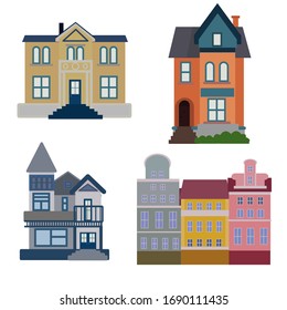 Colorful buildings banner set in flat cartoon style.Architecture Vector.