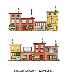 Colorful Buildings. Flat Line Style. Vector Illustration