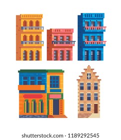 Colorful buildings. Houses in Cuba, La Boca, Amsterdam. Traditional architecture, isolated vector illustration. Game assets 8-bit sprite. Pixel art icon set. Design for stickers and magnet.