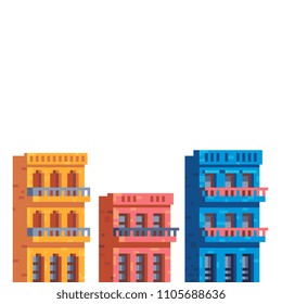 Colorful buildings. Houses in Cuba pixel art icon, traditional Cuban architecture, isolated vector illustration. Game assets 8-bit sprite. Design stickers, logo, mobile app.