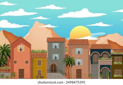 Colorful buildings with mountains and sunset