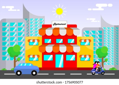Colorful buildings restaurant and cafe. Cityscape. with car, Scooter, tree and grass.  Vector flat illustration