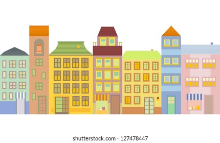 Edificios coloridos en la ilustración vectorial del Bloque de Ciudad