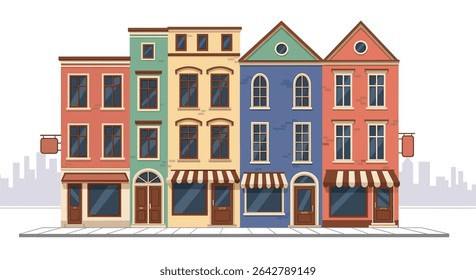 Colorful Buildings with Unique Architectural Designs and Vibrant Storefronts in a Row