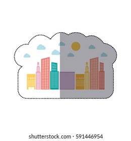 colorful builds with small cloud and sun, vector illustraction design