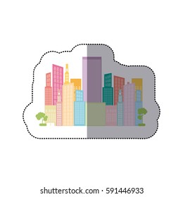 colorful builds with two trees icon, vector illustraction design
