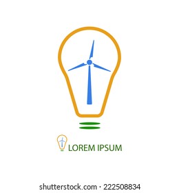 Colorful bulb with wind turbine as logo. Idea of eco-friendly source of energy