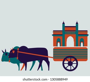 Colorful bull carriage with the Gateway of India, Mumbai, Maharashtra, India, Asia, Vector Animals, tourism, travel, journey, landmarks