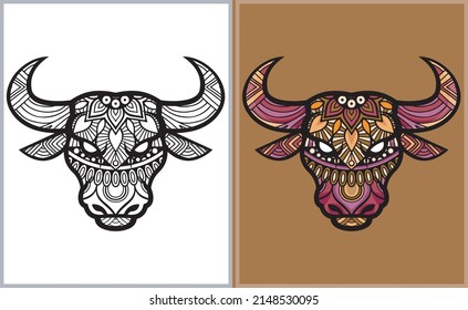 Colorful Bull Head Doodle Arts. Bull Coloring Page