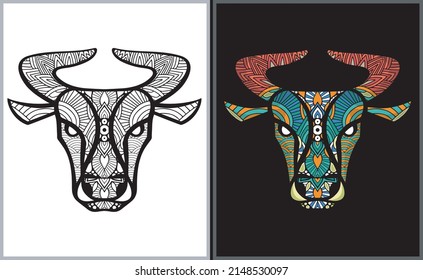 Colorful Bull Head Doodle Arts. Bull Coloring Page