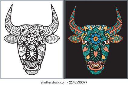 Colorful Bull Head Doodle Arts. Bull Coloring Page