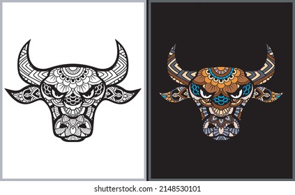 Colorful Bull Head Doodle Arts. Bull Coloring Page