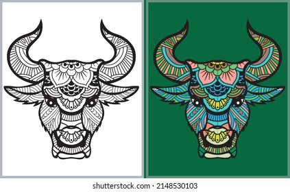 Colorful Bull Head Doodle Arts. Bull Coloring Page