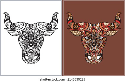 Colorful Bull Head Doodle Arts. Bull Coloring Page