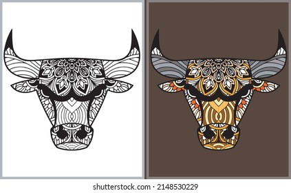 Colorful Bull head doodle arts. Bull coloring page