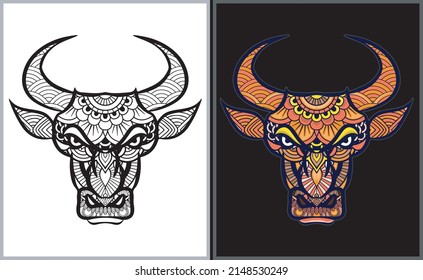 Colorful Bull Head Doodle Arts. Bull Coloring Page