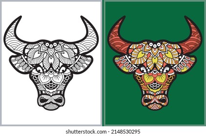 Colorful Bull Head Doodle Arts. Bull Coloring Page