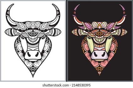 Colorful Bull Head Doodle Arts. Bull Coloring Page