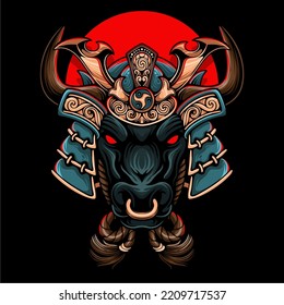 Colorful the bull wearing japanese samurai helmet with carving and rope around his neck on circle background