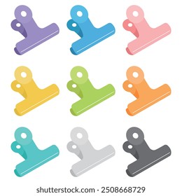 Colorful bulldog clips vector illustration. Office or school stationery supplies. Organize files.