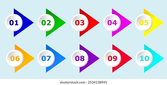 bunte Aufzählungszeichen oder Punkte von 1 bis 10 für Infografiken, Web, App, Präsentation usw. verwenden. Vektoraufzählungspunkte.	