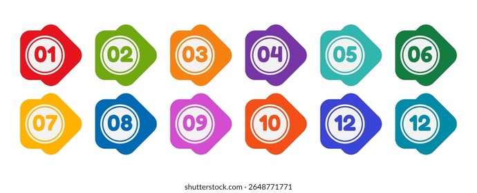 Colorful  bullet point markers from 1 to 12. Minimalist round numbered Bullets for Infographics, Diagrams, Presentations, Projects, and Design.  Vector  Elements  isolated on a white background