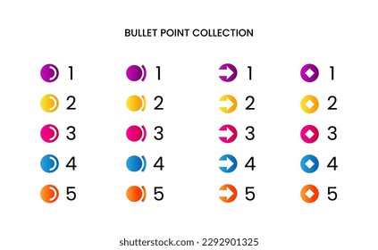 Colorful bullet point number collection with gradient free vector