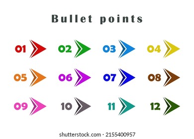 Flechas coloridas de puntos de bala, números de 1 a 12. Infografía. Diseño de vectores.