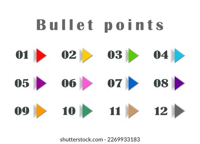 Colorful bullet points arrows, numbers from 1 to 12. Infographics. Vector design.