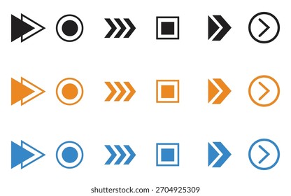 Farbige Aufzählungspunkte, Symbolvektor. Pfeile, Kreise, Quadrate für Liste, minimale moderne Navigation einfache Schaltflächen Symbol. Vektorgrafik.