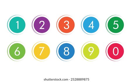 colorful bullet points number set from zero to nine. circles and numbers. colorful number digit vector icon with white background. Numbers symbols. Flat icons . Set of 1-9 numbers