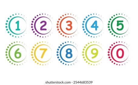 Colorful bullet points number set from zero to nine. dotted circles and numbers. colorful number digit vector icon with white background. Numbers symbols. Flat icons . Set of 1-9 numbers