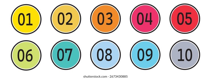 Colorful bullet points number set from One to Nine. circles and numbers. colorful number digit vector icon with white background. Numbers symbols. Flat icons . Set of 1-10numbers. Digital projects.