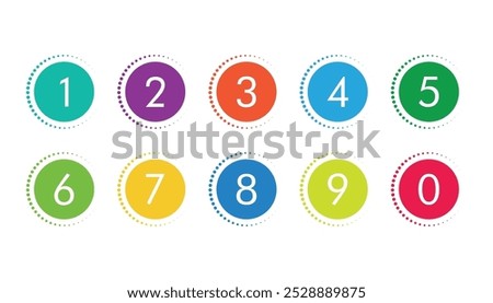 colorful bullet points number set from zero to nine. circles and numbers. colorful number digit vector icon with white background. Numbers symbols. Flat icons . Set of 1-9 numbers