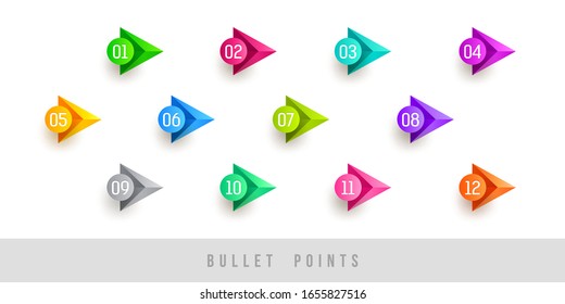 Colorful bullet points - numbered from one to twelve. Vector illustration.