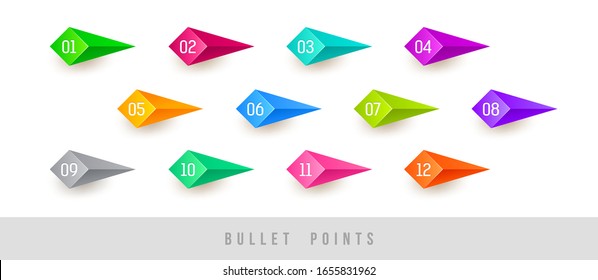 Colorful bullet points - numbered from one to twelve. Vector illustration.